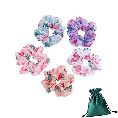 5 Pcs Hair Scrunchies with Flamingo Printed Hair Bands Elastic Hair Ties Hair Ropes Hair Accessories Scrunchy Ponytail Holder for Women