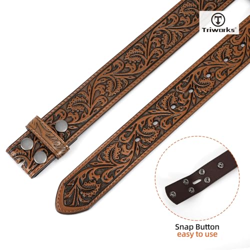 Western Belt Strap for Men without Buckle 1.5" Wide Floral Engraved Embossed Leather Belt Strap3