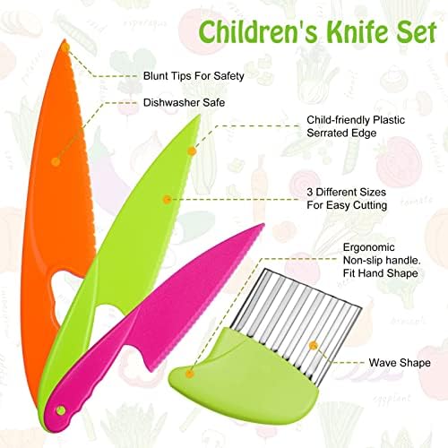 AKlamater 6PCS Kitchen Safety Knives for Kids, 4PCS Children's Cooking Knives in 4 Sizes, Plastic Cutting Board & Paring Knife for Vegetables Fruits Salad Cheese(Green)