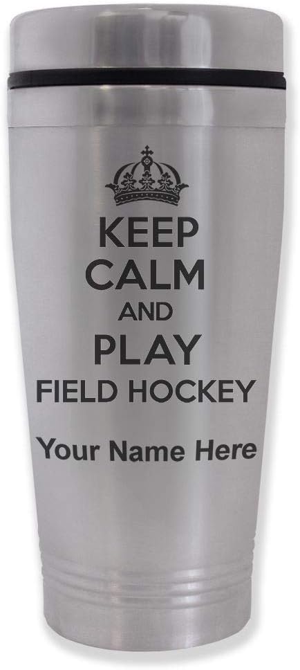 LaserGram 16oz Commuter Mug, Keep Calm and Play Field Hockey, Personalized Engraving Included