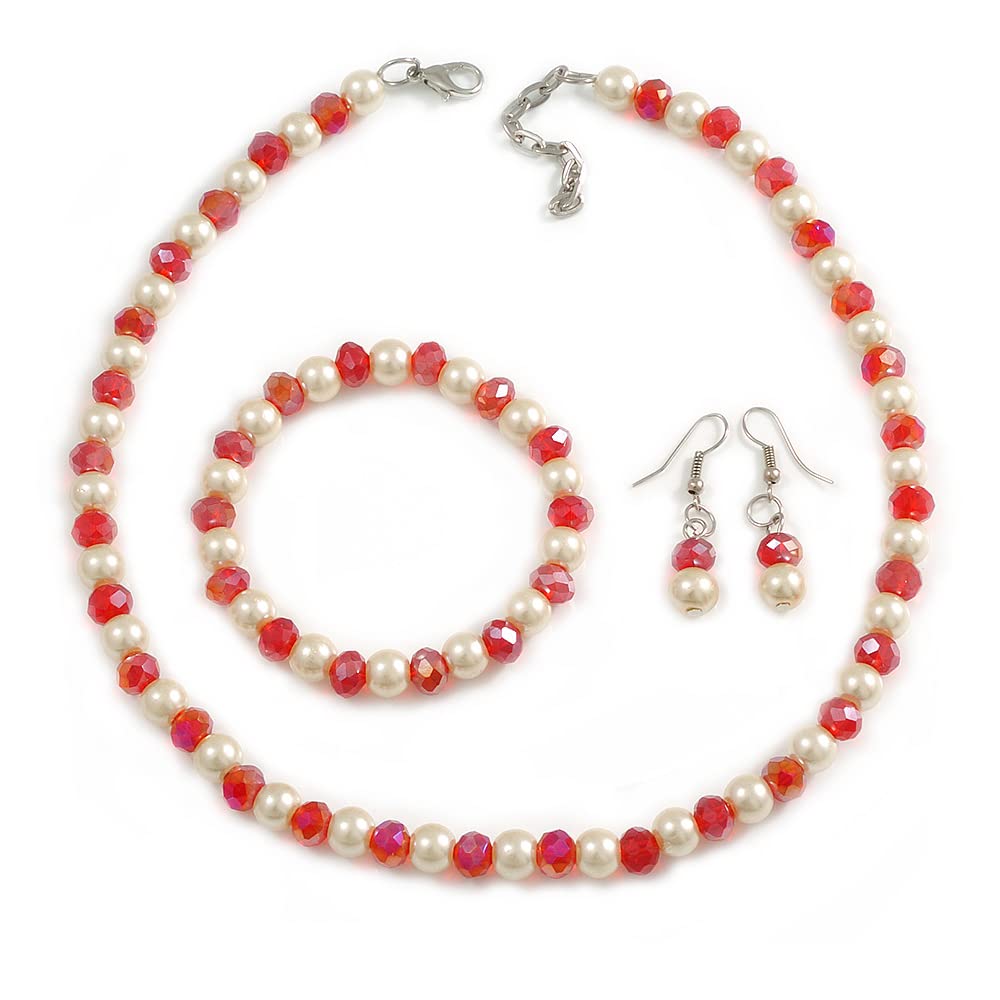Collar de cristal rojo y perlas con pulsera flexible de talla única ajustable 8