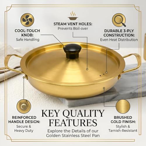 Image of Golden Stainless Steel Rice Cooker 1 Liter with Strainer Lid, Rice Boiler Pot, Induction Base, Gold Finish Traditional Indian Cooking Serving Pot Bowl