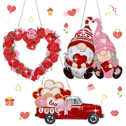 Menkxi 3 Set Valentine's Day Diamond Painting Hanging Sign 5D Truck Heart Wreath Gnomes