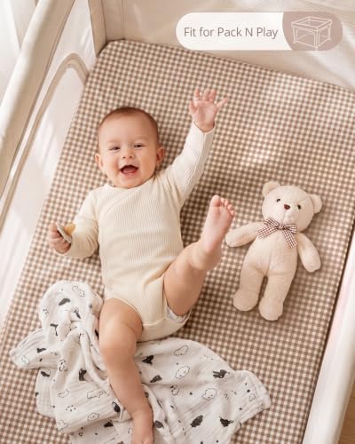 Image of Blissful Diary Muslin Mini Crib Sheets, 2 Pack, Beige Gingham&Brown Gingham | fitted for pack n play, soft and breathable cotton, boho style, easy care for machine wash, gifts for boys and girls