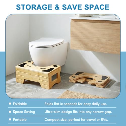 Image of Foldable Toilet Stool, Bamboo Squat Stool for Bathroom, Space-Saving Poop Stool with Comfortable 7 inch Daily Use Height, Potty Stool for Improved Posture, Optional 9 inch Height Mode (Dog Design)
