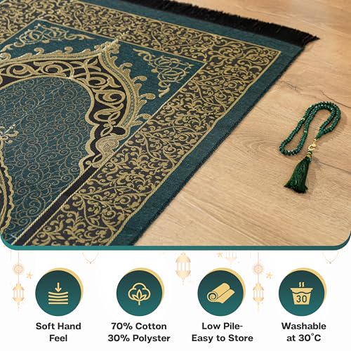 SUMELA Muslim Prayer Rug with Islam Prayer Beads - Travel Prayer Mat, Islamic Gifts for Women, Portable Prayer Matt Islam, Islamic Prayer Rug Islam Men Women, Praying Mat for Muslim Gifts, Green