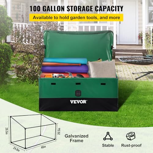 VEVOR Outdoor Storage Box, 100 Gallon Waterproof PE Tarpaulin Deck Box w/Galvanized Frame, All-Weather Protection & Portable, for Camping, Garden, Poolside, and Yard, Black & Green - Image 4
