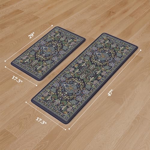 Image of KIMODE Anti Fatigue Kitchen Mats for Floor 17 inchx47 inch+17 inchx29 inch, Dark Blue Vibrant Floral Kitchen Rugs, Non Slip Waterproof Kitchen Floor Mats, Comfort Standing Mats for Laundry Office Sink Desk