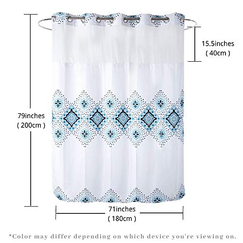Ecoehoe Long 71X79 Hotel Grade Fabric Hook Free Shower Curtain With Polyester Replacement Liner White&Blue Boho Style – Machine Washable Top See Through Mesh Window #TOP4