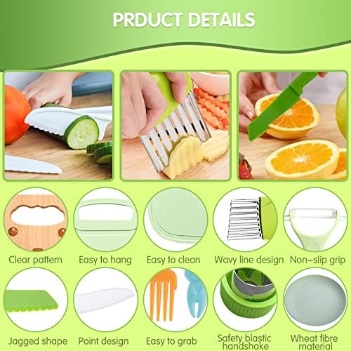 Aedcbaide 28 Pcs Plastic Kitchen Knives Set, Wooden Safety Kids Knife for Chopping, 4 Sizes Serrated Children's Cooking Knives with Cutting Board Fork Mold and Plates for Vegetables Fruits Salad (1)