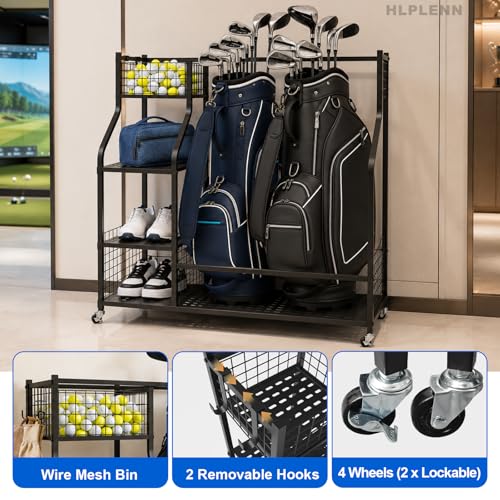 Golf-Bag-Storage-Organizer-Rack-for-Garage-for-Golf-Bag-Clubs-300LBS-Max-Capacity-Built-in-Lockable-Wheels-2-Hooks-Fit-2-Golf-Bags-for-Garage-Home-Club-Basement