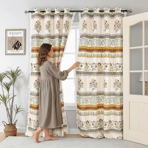 Image of Amazon Brand - Umi Bohemian Curtains for Door, Microfiber Cotton Curtain 7 Feet Long Pack of 2 Curtain with Tassels,Eyelets Included, 40-60% Room Darkening