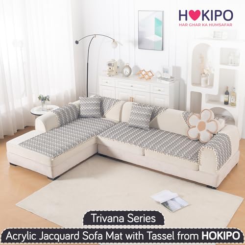 Image of HOKIPO L Shape (3+2 Seater) Sofa Cover Seat Mat | 300 GSM Cotton Acrylic Jacquard Fabric with Tassel, 'Trivana Series' Charcoal Black (IN-936+935-J6)