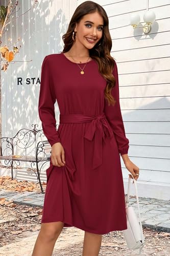 Image of Newshows Womens Long Sleeve Casual Dresses 2025 Business Work Teacher Fall Church Belted A Line Flowy Midi Dress
