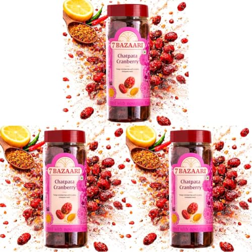Image of 7 BAZAARI Dried Chatpata Cranberries 180g | Sweet, Tangy & Spicy Cranberry Snack | Not Your Regular Cranberries | Chatpata Indian Masala Twist | Anytime Munching (Pack of 3)