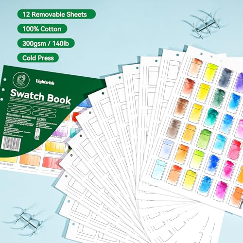 LIGHTWISH Watercolor Swatch Book - 12 Detachable 100% Cotton Sheets 36 Spaces,10.63 * 7.68 in,300gsm/140lb Cold Press for Watercolor, Gouache, Oil Pastels - Spiral-Bound Color Testing Journal — view 2
