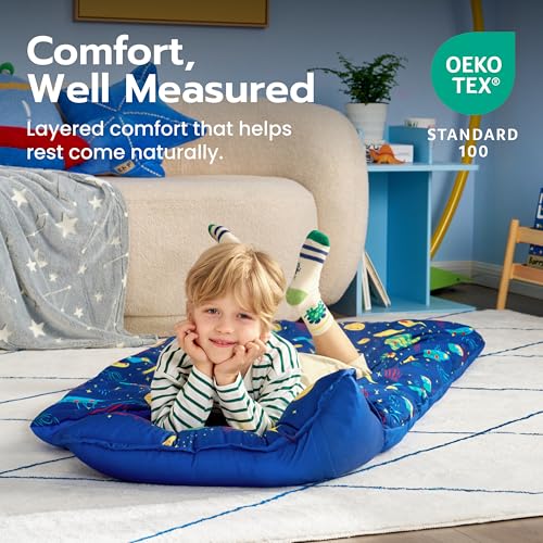 Image of JOIEDOMI Toddler Nap Mat with Removable Pillow and Minky Blanket 55''x30'' Kids Sleeping Bag for Boys and Girls Ages 3-6 Roll Up Soft Nap Mats for Preschool Kindergarten Daycare Sleepover