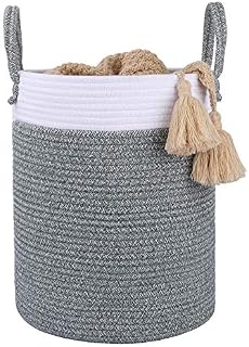LA JOLIE MUSE Laundry Basket, Toy Storage Basket For Kid, Cotton Rope Blanket Basket Large Woven Storage Basket, Nursery Decor Laundry Washing Basket With Handle, 40 Cm White & Gray
