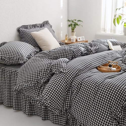 Image of MKXI Black and White Gingham Duvet Cover Twin, 3-Piece Ruffled Bedding Set - 100% Washed Cotton, Lightweight & Breathable - Modern Graphic Bold Comforter Cover for Farmhouse
