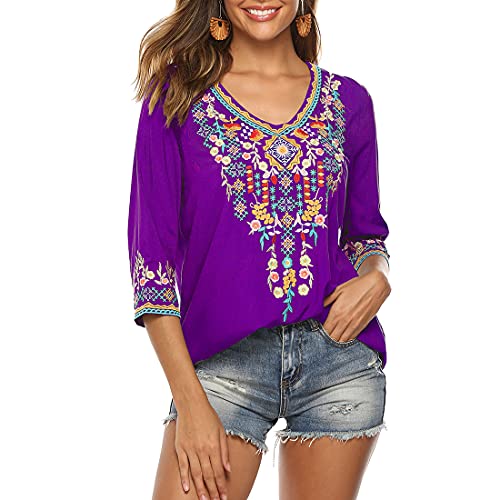 AK Embroidered Tops Mexican Shirt Peasant Boho V-Neck 3/4 Sleeve Tunic