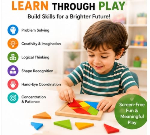 Image of Wooden Tangram Puzzle for Kids, 7 Piece Educational Brain Teaser Puzzle Game, Colourful Wooden IQ Learning Toy, Shape Matching & Pattern Building Travel Game for Boys & Girls Age 3+ Years