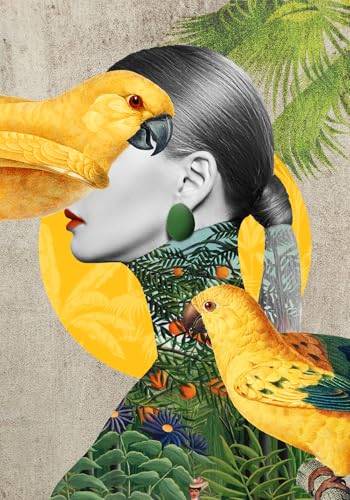 STYLER Tableau sur toile Parrot Girl 70 x 100 cm prêt à accrocher – design exotique avec perroquet et femme – décoration murale tropicale jaune vert