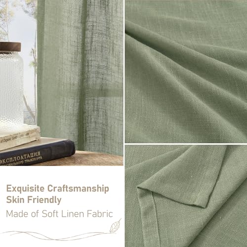 LAMIT Sage Green Linen Curtains 30 Inch Length, Semi Sheer Light Filtering Window Panels Back Tab and Rod Pocket Drapes for Kitchen/Basement/Small Windows, 25 x 30 Inch, 2 Panels