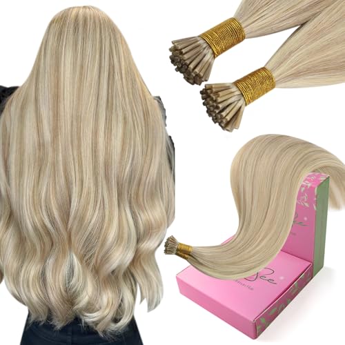 Image of YoungSee I Tip Extensions Blonde Itip Hair Extension Real Human Hair Ash Blonde Highlight Bleach Blond Itip Hair Extension 16 Inch 60s 50g I-Tips Human Hair for Women