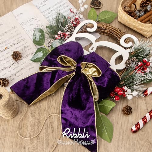 Image of Ribbli Purple Velvet Wired Ribbon 4 Inch Metallic Purple Gold Crushed Velvet Christmas Ribbon for Gift Wrapping Christmas Tree Decoration Crafts Wreaths Supplies-Continuous 10 Yards