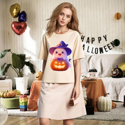 IRUD Halloween Shirts for Women - Pumpkin Ghost Wizard Hat Pattern Round Neck Short Sleeve - image 5