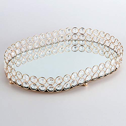 Preisvergleich Produktbild BECCYYLY Schmuck TablettGlas Kristall Edelstein Diamant Oval Spiegel Glas Gold Kerzenhalter dekorative Tablett / Ablagefach