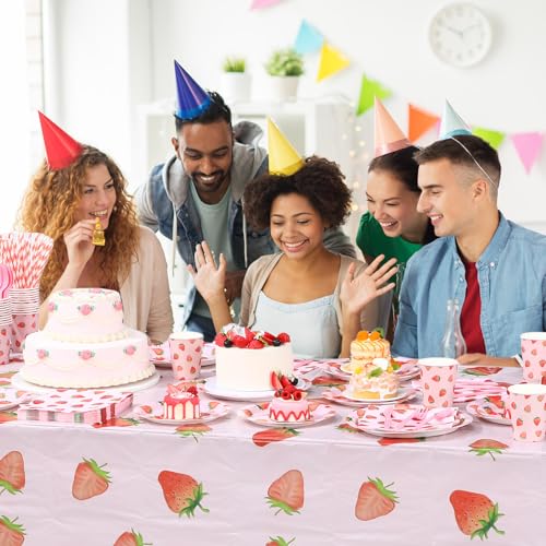 Image of Funnymoom 452 Pcs Strawberry Party Supplies for 50 Guests, Strawberry Paper Plates Napkins Cups Tablecloth Cutlery Straws for Berry First Birthday Baby Shower Party Decorations