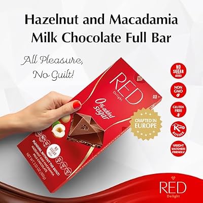 Red Delight Hazelnut & Macadamia Milk Chocolate Bars - 3 oz, Pack of 6 - Chocolate Gift, Low Carb, No Added Sugar, Kosher, Non-GMO, Gluten-Free Vegan Treat - European-Made Chocolate Snack