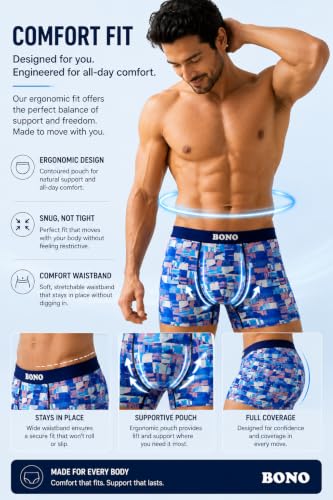 Image of BONO Men Cotton Blend Printed Trunk Combo Anti-Bacterial Moisture Wicking No Marks Stretchable Regular Fit Waistband Underwear Pack of 3 (Darkblue-Multicolor-TurquiseBlue-M)