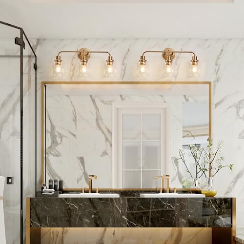 Image of KSANA Gold Bathroom Vanity Light Fixtures with Clear Glass Shade, 3-Light Modern Bathroom Vanity Lights Over Mirror, 22.8 inchx7.3 inchx10.8 inch