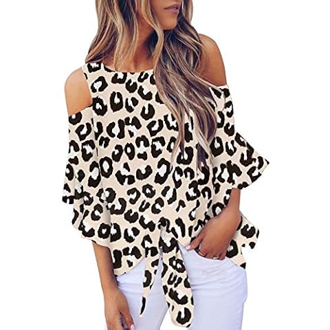 Chuanqi Womens Cold Shoulder Blouse Bell Sleeve Tie Knot Casual Summer Shirt Tops Cover
