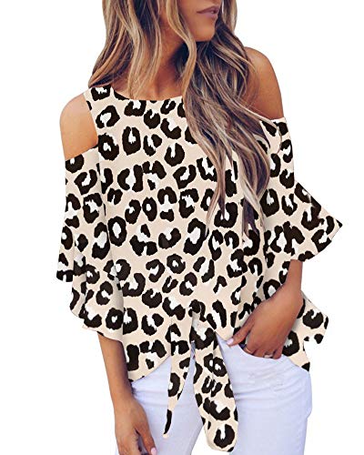 Chuanqi Womens Cold Shoulder Blouse Bell Sleeve Tie Knot Casual Summer Shirt Tops