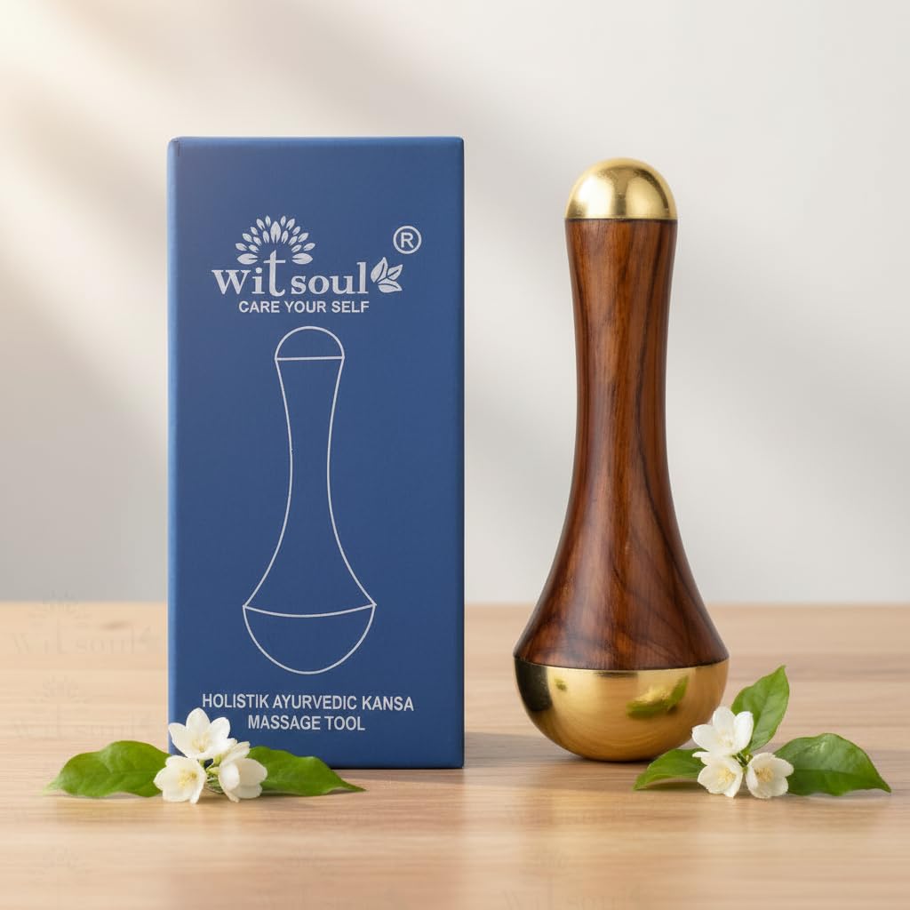WITSOUL Double Cup kansa Wand face,Foot and Eye Massager/Unique Design - 2 in 1 Kansa/Two Different Sizes with Teak Wood Handle 1pcs