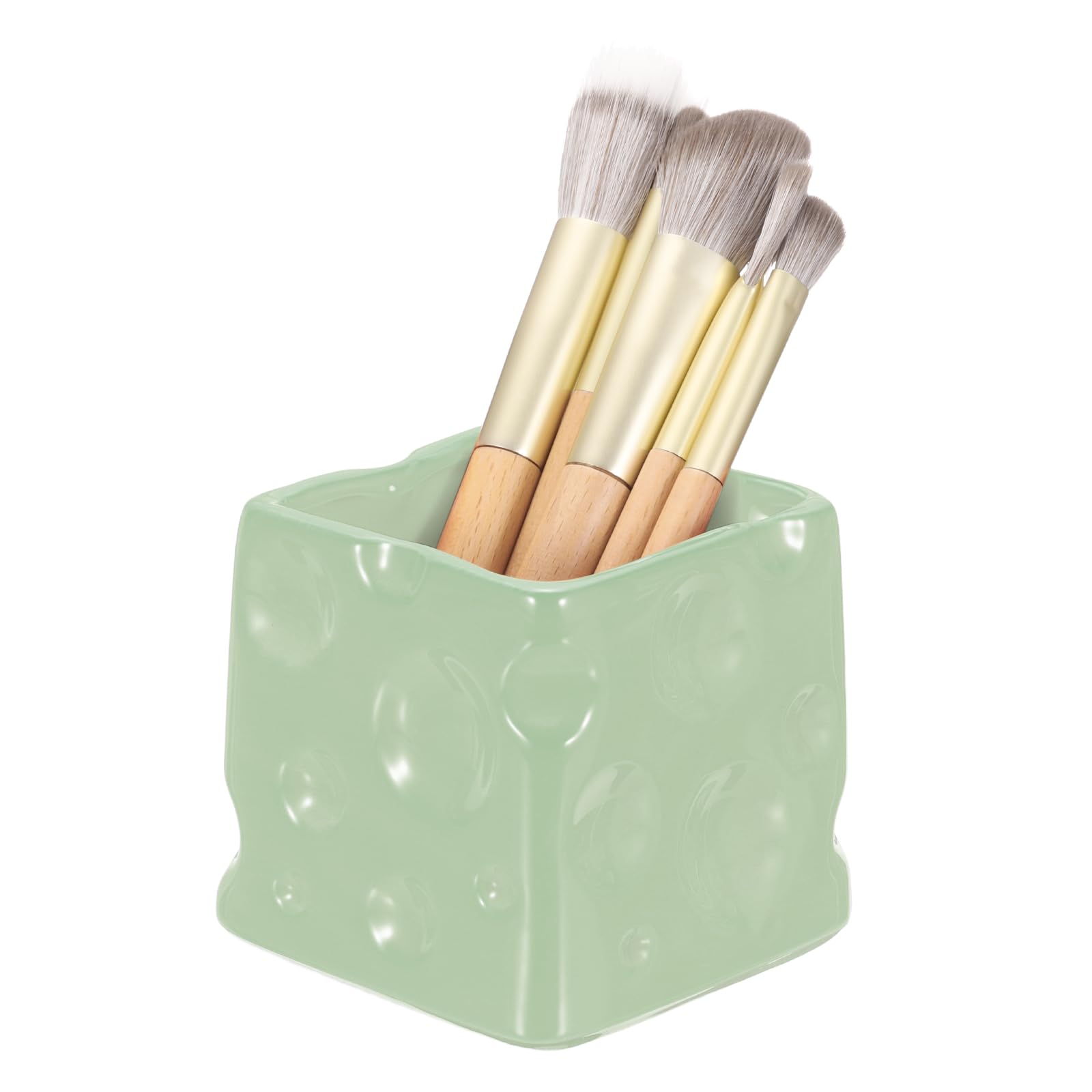 sourcing map Ceramic Makeup Brush Organizer, 3 inch Cosmetic Brush Holder Desktop Organizer For Pencil Pen Toothbrushes Suitable For Vanity Bathroom And Office Desks, Bright Green