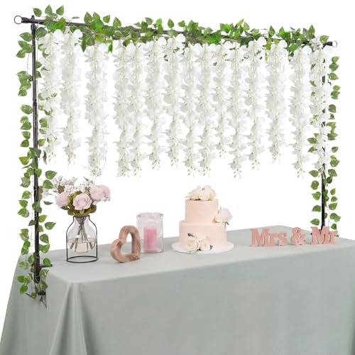 Funrous Over The Table Rod Stand with Clamps Adjustable 27.5"-47.2" Tall 49.2"-98.4" Length Metal Table Arch Stand with Artificial Garlands for Spring Summer Birthday Wedding Party Decorations(Summer)