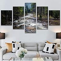 SIGNWIN 5 Panel Canvas Wall Art Forest Waterfalls for Home Decorations Ready to Hang - 60