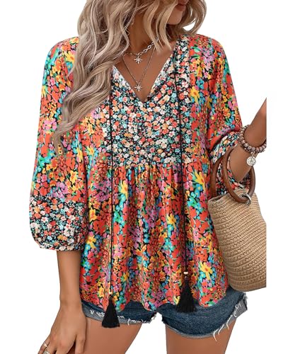 Image of Vivilli Womens Summer Boho Babydoll Tops 3 /4 Sleeve Pleated Peplum Blouses Casual V Neck Tie Front 2026 Tunic Tops