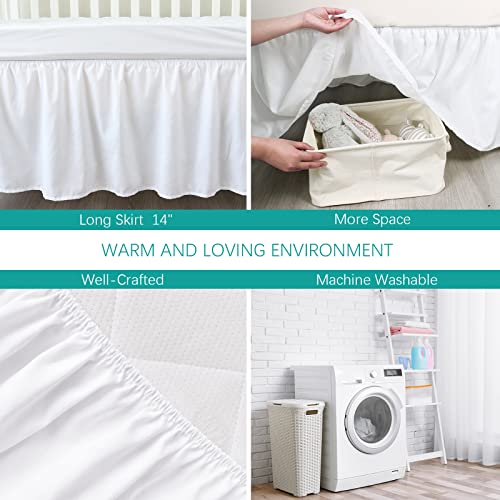 Image of Crib Bed Skirt 14 inch Drop, Fits 28 inchx52 inch Crib, Adjustable, White | 4-Sided Design, Adjustable Elastic Straps, Soft Polyester, Fade & Shrink Resistant, Machine Washable, Fits Standard Cribs