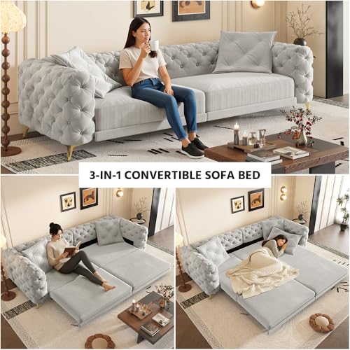 Image of KCGKCG 97.7 inch Sleeper Sofa Bed, Velvet Sectional Couches for Living Room /Bedroom, 3 in 1 Pull Out Couch Bed, Convertible Sectional Couch loveseat Sofa with Movable Ottoman, Light Grey