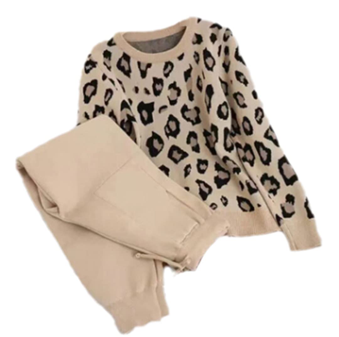Suéteres de punto de leopardo de manga larga para mujer+pantalones de cintura elástica conjuntos pantalones traje de dos piezas, Foto Color3, M