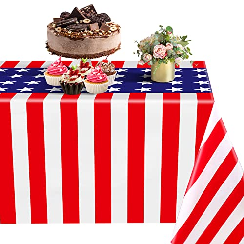 Image of Newwiee 3 Pcs 4th of July Patriotic Tablecloth Disposable American Flag Tablecloth 54x108 Plastic Red White Blue Independence Day Rectangle Table Cover 250th Decoration (Stripes and Stars Style)
