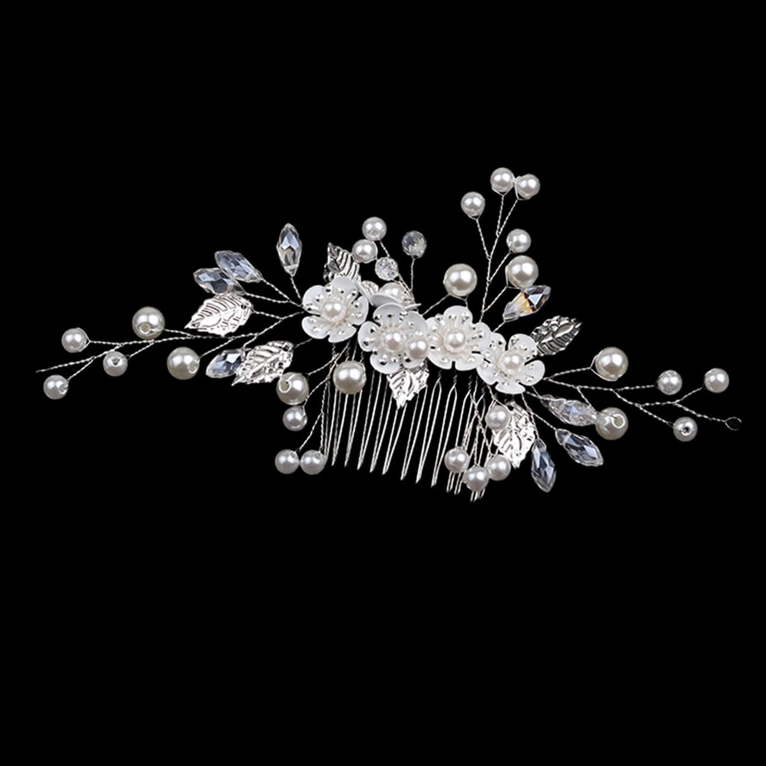 Plata Nupcial Tocado Accesorios para el Cabello Novia boda Peines de pelo flor perla Headpiece nupcial cristal hoja accesorios para el cabello para mujeres y niñas (plata)
