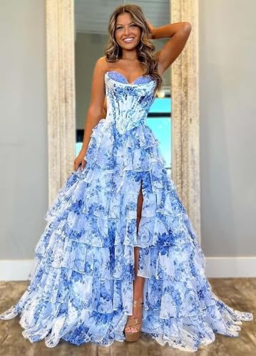 Generic Tulle Floral Prom Dress for Teens Tiered Strapless Long Ruffle Sweetheart Formal Evening Gowns with Slit 20252