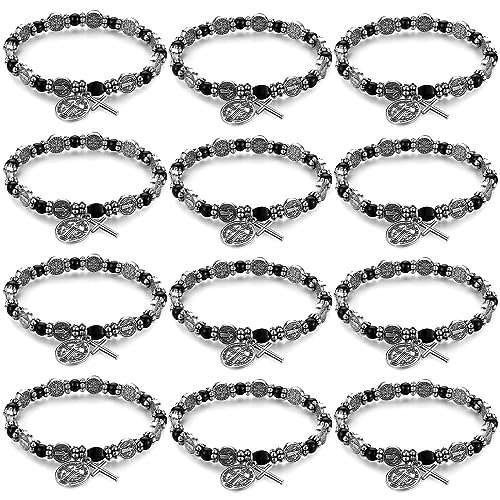 Crowye 12 Pcs Silver Saint Benedict Medal Rosary Bracelet Evil Protection Medal Rosary Bracelet for Women Men Catholic Gifts Religious Jewelry