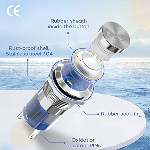 Werki 16Mm Momentary Horn Button 12V High-Cap 5/8" Mounting Hole 1No1Nc Spdt Off/On Ip67 Waterproof Stainless Steel Pushbutton Switch For Marine Auto Boat Car (Blue) #TOP5